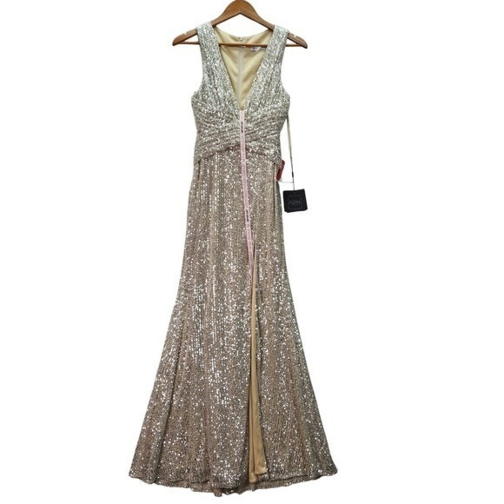 Ieena Mac Duggal Sequin V neck sleeveless Slit formal gown NWT - Picture 2 of 10